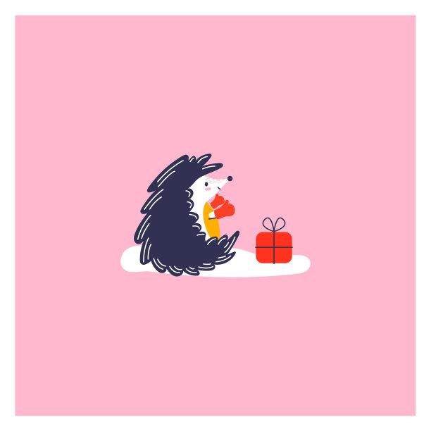 戴着手套的可爱刺猬图标。有趣的动物收到了一份礼物。图片下载