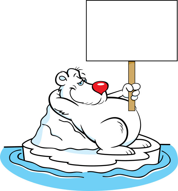 卡通北极熊手举标语躺在冰山上。图片下载