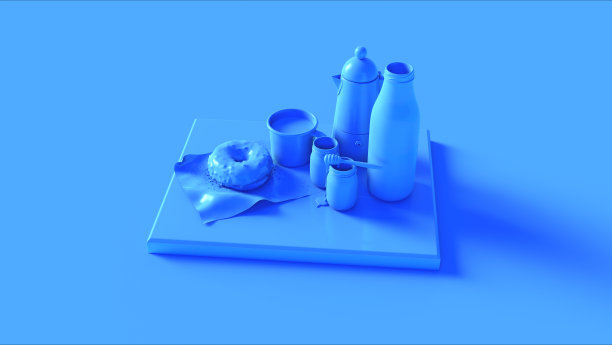 蓝色美味奶酪，蜂蜜，牛奶，瓶子，锡杯，咖啡壶，咖啡壶，切菜板上图片下载