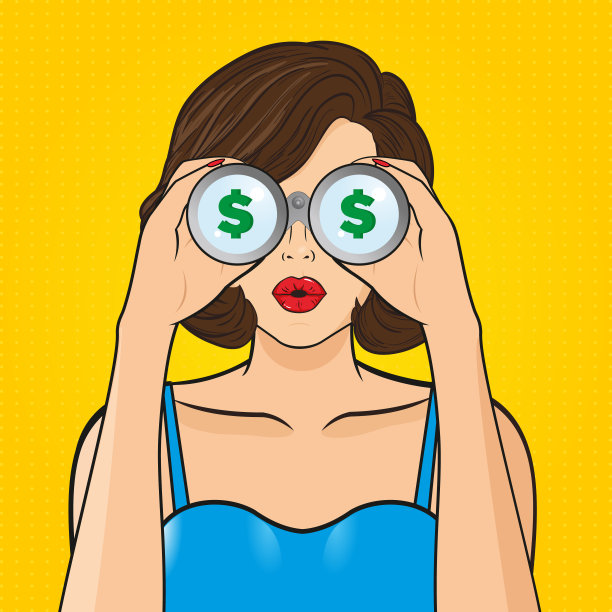 波普艺术的概念。性感惊讶的女人与双筒望远镜和张大的嘴。色彩丰富的矢量背景在波普艺术复古漫画风格。图片下载