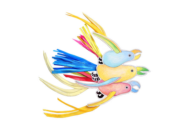 三只彩色的卡通鹦鹉在白色的背景上飞翔。奇异鸟画。混合媒体鹦鹉的性格。图片下载