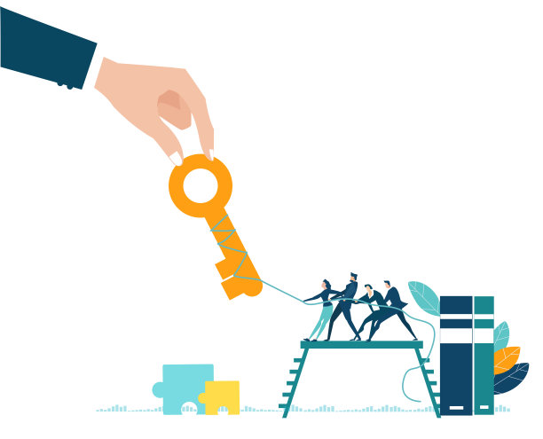 商人将手中的金钥匙传递给团队。咨询，支持，发展和维护新的业务想法和计划。业务概念说明图片下载