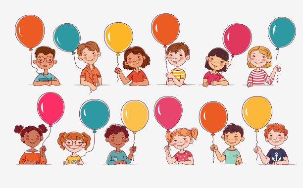 有趣的孩子玩气球。多民族群体的快乐儿童。不同的卡通面孔图标图片下载