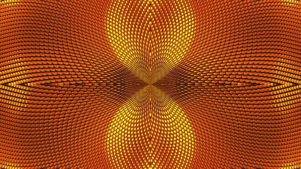 电脑生成抽象背景的黄金颗粒。万花筒转换成种子向日葵，3D渲染图片下载