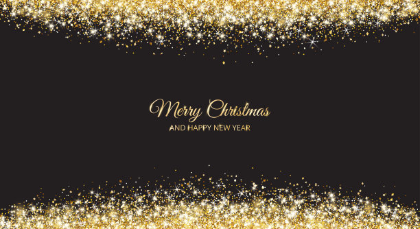 圣诞快乐，新年贺卡设计。黑色背景上的金色闪光装饰图片下载
