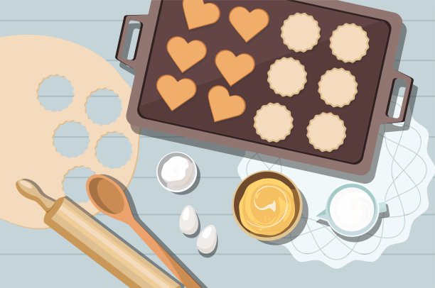 烘焙用具和烹饪材料的饼干和糕点。前视图。图片下载