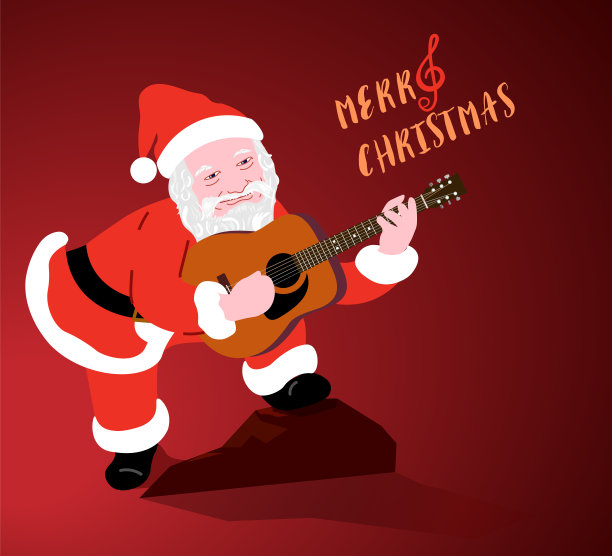 圣诞老人在红色背景下弹奏民谣吉他。图片下载