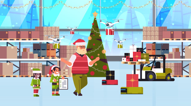 精灵夫妇助手的圣诞老人一起工作，礼品盒现代仓库内部圣诞假期庆祝概念全长水平图片下载