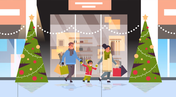 家庭步行与彩色纸袋圣诞快乐新年购物概念父母与孩子抱着购买现代商场外观水平全长图片下载