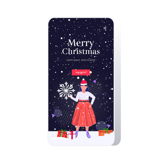 微笑的女人在圣诞老人的帽子拿着雪花圣诞快乐新年冬季节日庆祝概念贺卡智能手机屏幕在线移动应用全长图片下载