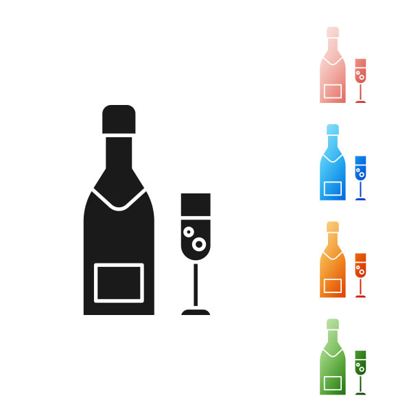 黑色香槟瓶和香槟杯图标孤立在白色背景。圣诞快乐，恭贺新禧。设置图标丰富多彩。矢量图图片下载
