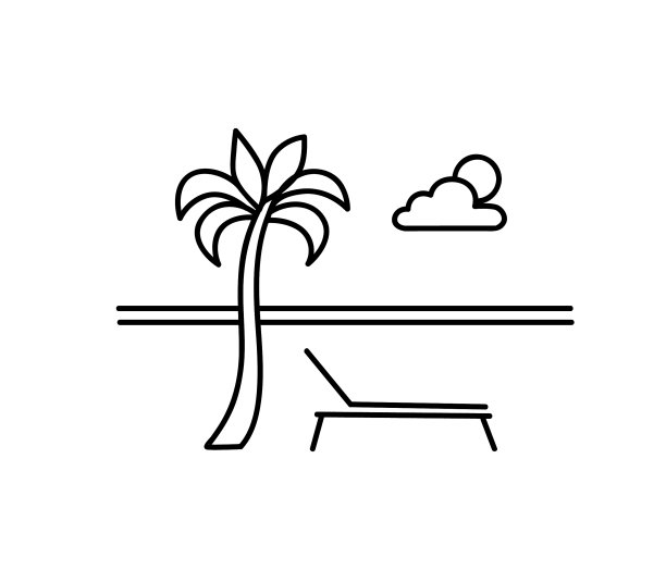 海滨海滩的景色在度假胜地。令人放松的夏日度假景观。沙滩上有棕榈树的躺椅。图片下载