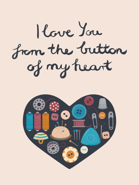 我爱你。情人节、母亲节、生日贺卡，送给手工爱好者。矢量插图与缝纫配件，纽扣，线在一个心的形状。图片下载