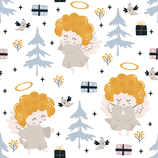 无缝模式与天使树和礼物矢量插图，eps图片下载