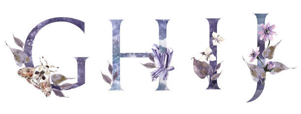 水彩手绘热带字母，字母组合或标志。大写字母G, H, I，用丛林草药装饰。棕榈叶和怪兽叶，花和火烈鸟。图片下载