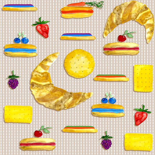 蛋糕和浆果无缝模式，米色背景上的咖啡馆水彩插图图片下载