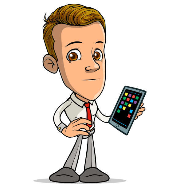 卡通微笑的男孩角色与智能手机图片下载