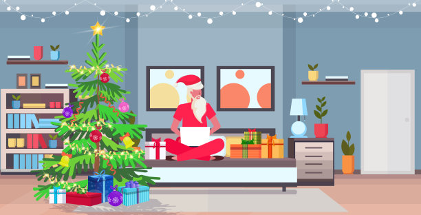 圣诞老人坐荷花姿势不好，使用笔记本电脑现代卧室与冷杉树和礼物盒圣诞快乐新年假期庆祝概念水平完整图片下载