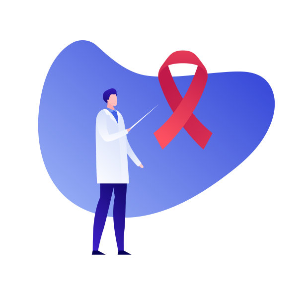 平矢世界艾滋病日人物插画。红色丝带和科学家和指针在抽象的蓝色背景。健康支持和教育理念。设计元素的旗帜，海报，网页。图片下载