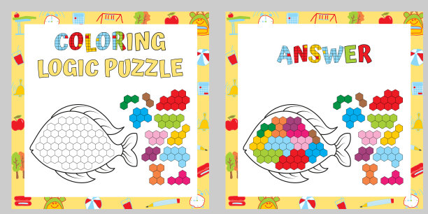 着色逻辑谜题。有教育意义的游戏。精细运动技能工作表。矢量插图。图片下载