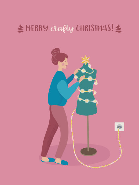 可爱的插图与一个女人装饰她的人体模型与圣诞灯花环为冬季假期。矢量设计模板用于卡片、请柬、海报、传单、封面等用途。图片下载
