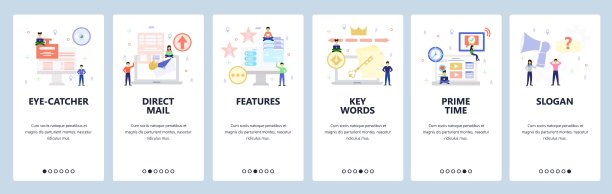 移动应用的登陆屏幕。视频营销、推广、直邮、关键词。菜单矢量横幅模板的网站和移动开发。网站设计平面插图图片下载