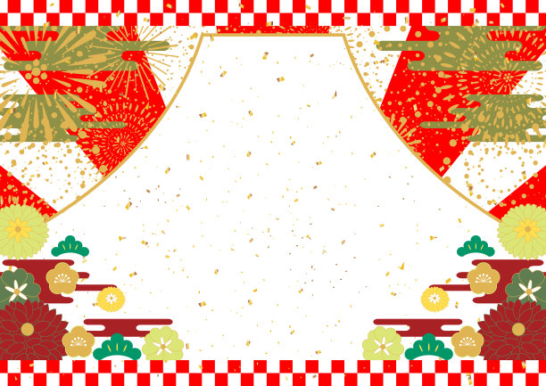 日本新年背景富士山，烟花，鲜花图片下载