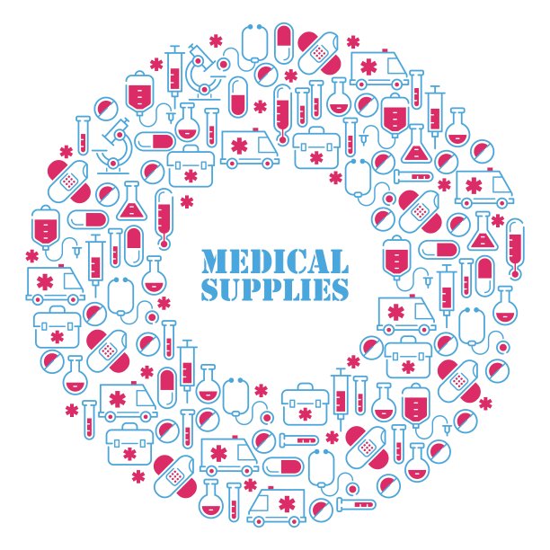 医疗图标在圆形框架组成，矢量插图。急救，医院治疗，保健的象征。药房用品，实验室玻璃器皿图片下载