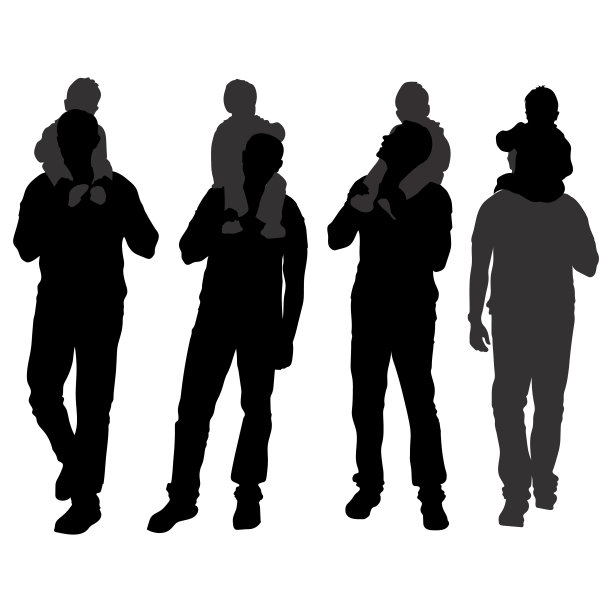 4个选项的剪影男人和一个男孩在他的肩膀。爸爸和他的儿子走在一起。父亲节。前面和后面的人的观点。一个带着孩子的男人离开了。矢量孤立在白色背景。图片下载