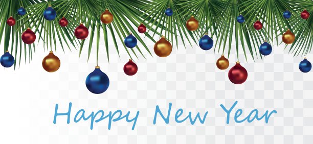 热带棕榈叶上的圣诞玩具。美丽的圣诞标语。绿色棕榈叶与圣诞球在透明的背景。向量iilustration图片下载