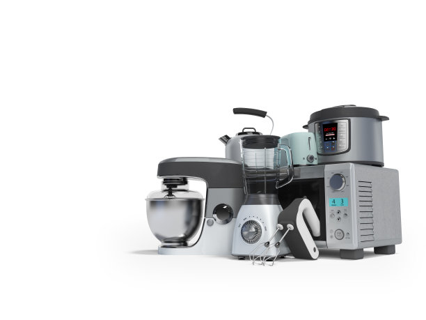 厨房家用电器概念集压力锅搅拌机搅拌机电动水壶3d渲染在白色背景上有阴影图片下载