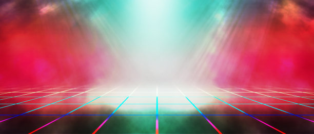 背景空舞台表演。霓虹未来科幻背景紫蓝色发光。绳网透视剪影。三维渲染图片下载