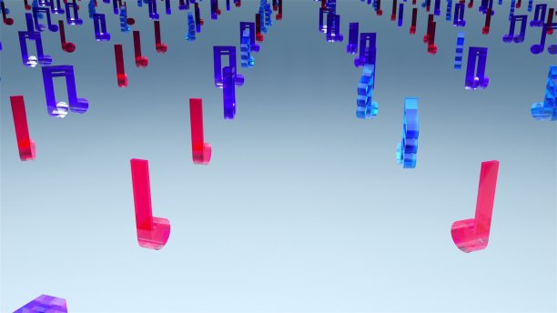 计算机生成的3D渲染。在网络背景上的许多多色音符行图片下载