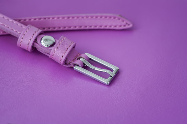 细节皮包在紫色的背景。扣带袋特写，质感图片下载