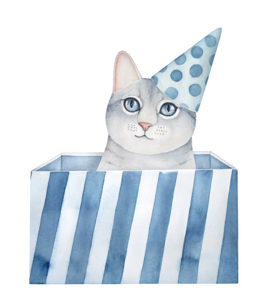 小灰猫坐在条纹礼品盒里，戴着浅蓝色圆锥形圆点图案的派对帽子。手绘水彩图形插图，剪纸元素的设计装饰。图片下载