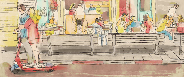 人们在中午户外用餐的水彩插画。图片下载