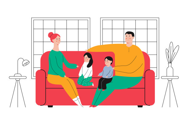 一家人坐在沙发上矢量卡通插图。图片下载