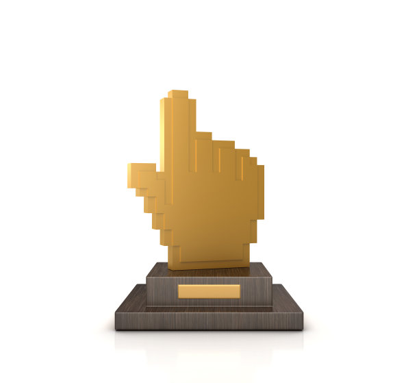 奖杯与电脑手光标- 3D渲染图片下载