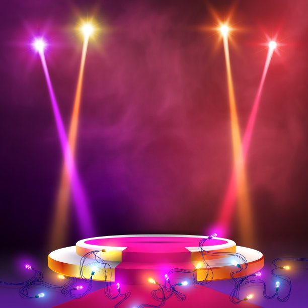 红地毯与圆形讲台。聚光灯照亮的基座或平台图片下载