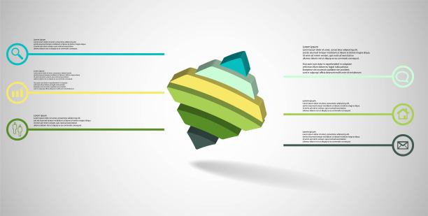 三维插图信息图形模板与压花弯曲菱形水平分为六个部分歪斜安排图片下载