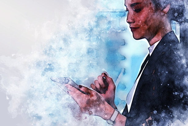 抽象多彩的美丽女人商业微笑肖像水彩插画画背景。图片下载