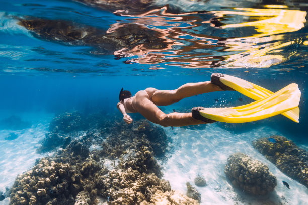 女自由潜水者滑行与黄色鳍在透明的海洋沙海。年成为了在毛里求斯图片下载