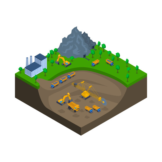 矿业场景概念三维等距视图。向量图片下载