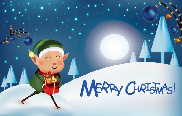 圣诞快乐的同伴。小精灵带着礼物出现在圣诞雪景中。美丽的旗帜。圣诞球。边界设计与文本复制空间。矢量图图片下载