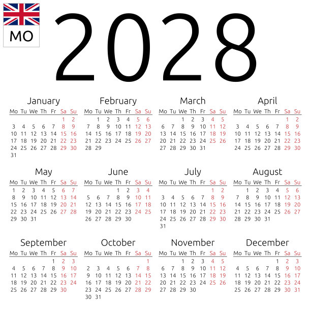 日历2028，英文，星期一图片下载