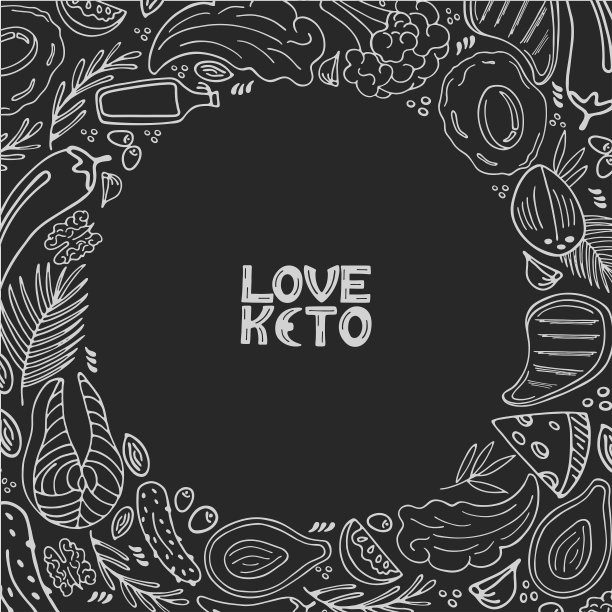 爱生酮手绘。生酮食品低碳水化合物和蛋白质，高脂肪。旧石器饮食圆形框架。涂鸦式的健康饮食。用粉笔在黑板上写。线的艺术图片下载