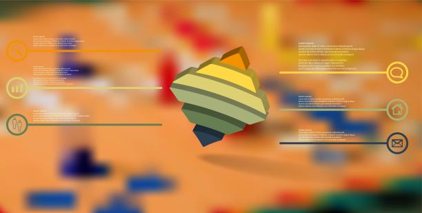 3D插图信息图模板。压花弯曲菱形横向分为六个颜色部分。物体被歪斜地安排在模糊的照片背景上。图片下载