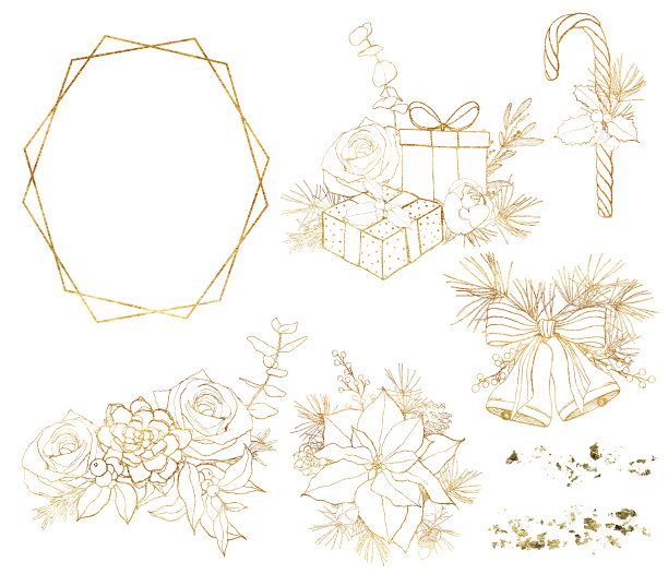 水彩圣诞线性集，金色符号。手绘框架，一品红，玫瑰，礼盒和铃铛孤立在白色的背景。假日插图设计，印刷，织物或背景。图片下载