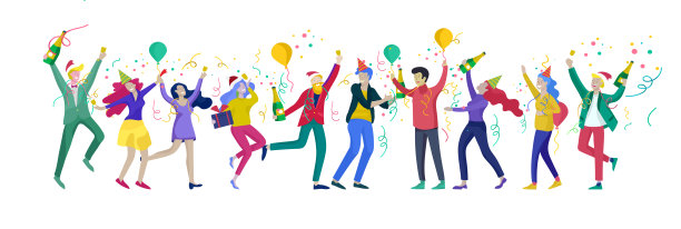 圣诞节快乐，一起庆祝快乐。一群戴着圣诞老人帽的卡通人物和孩子们。跳和扔礼物。圣诞快乐，新年快乐或生日聚会快乐图片下载