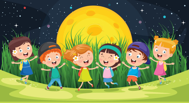 月亮之夜，孩子们在外面玩耍图片下载